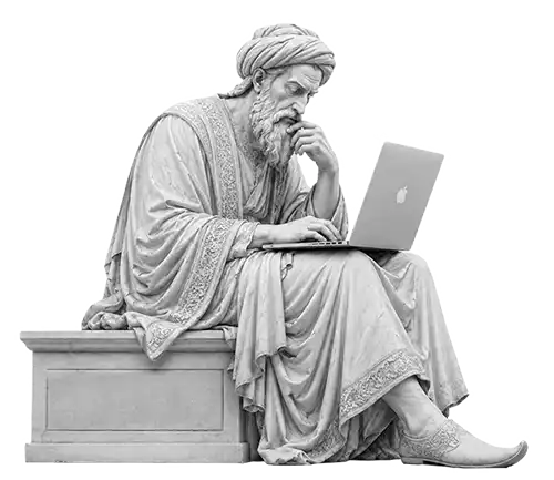 تندیس فیلسوف نشسته با لپ‌تاپ